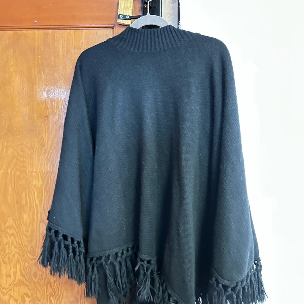 Knit Essentials Black Poncho Sweater with Fringe - Picture 2 of 3